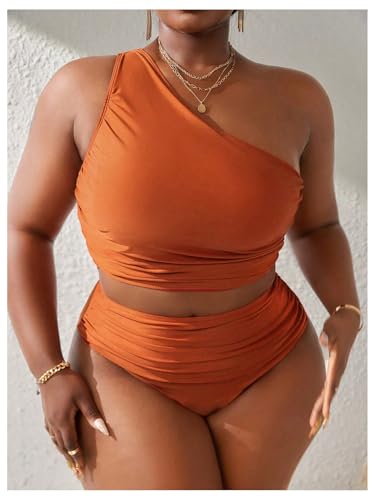 SweatyRocks Women's Plus Size 2 Piece Ruched One Shoulder High Waisted Tankini Swimsuit Bathing Suit3