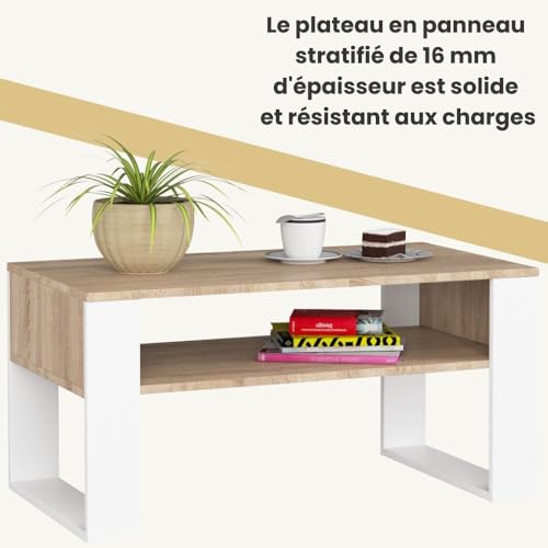 Table basse en panneau stratifié 16mm robuste chêne sonoma et pieds blancs - 5