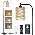 LAMSU Floor Lamp with Remote, Dimmable Rattan Floor Lamp with LED Bulb, Industrial Black Tall Pole Lamp with Rattan & Fabric Shades, Boho Farmhouse Standing Lamps for Living Room Bedroom Office