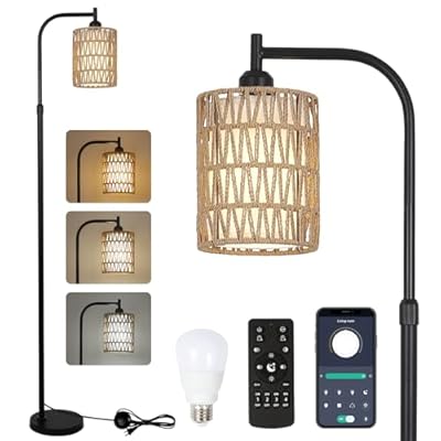 LAMSU Floor Lamp with Remote, Dimmable Rattan Floor Lamp with LED Bulb, Industrial Black Tall Pole Lamp with Rattan & Fabric Shades, Boho Farmhouse Standing Lamps for Living Room Bedroom Office