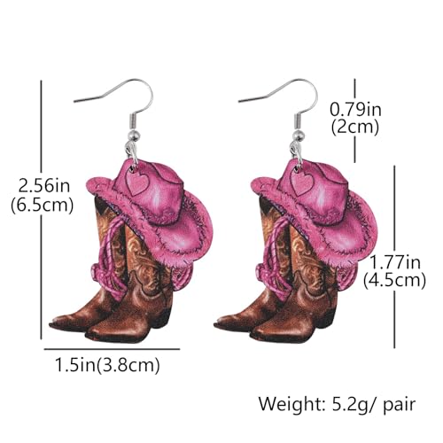 Pink Cowboy Cowgirl Hat Boots Earrings for Women Double-sided Wood Dangle Western Earrings Jewelry Accessories for Cosplay Costume Halloween Party Decorations3