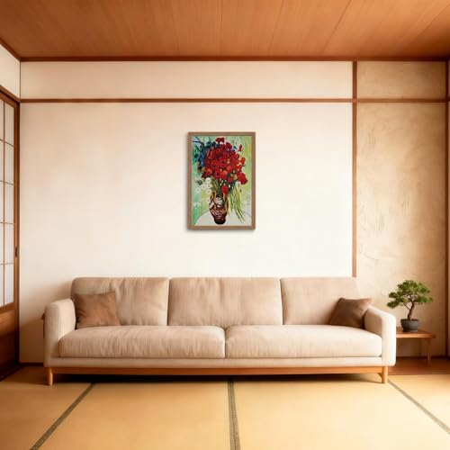 木子誉絵画館 ゴッホ 「ヒナギクとケシの花瓶」 アートパネル ポスター 風景画 絵画 インテリア おしゃれ 風水 絵 ウォールアート 玄関 階段 廊下 寝室 リビング 壁飾り 木目調フレーム付きの完成品（60×40cm） [5]