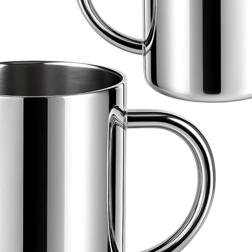 Wilhelm Sell® 2x kubki termiczne 450 ml ze stali nierdzewnej – podwójne scianki z uchwytem – trwale i odporne na stluczenia – idealne na biwak, podróze i codzienny uzytek (450ml - 2 sztuki)