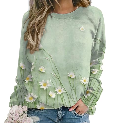 DMOYALA Womens Floral Sweatshirts Flower Daisy Green 3D Graphic Printed Long Sleeve Pullover Shirts 2024 Fall Fashion Y2K Trendy Tunic Tops for Girls