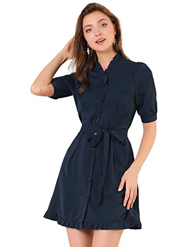 Allegra K Women s Ruffle Neck Button Down Tie Waist Shirt Dress X-Large Navy Blue