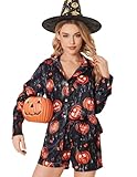 Ekouaer Womens 2 Piece Satin Pajama Set Long Sleeve Lounge Sets Button Down Tops and Shorts PJs Soft Sleepwear Set Halloween M