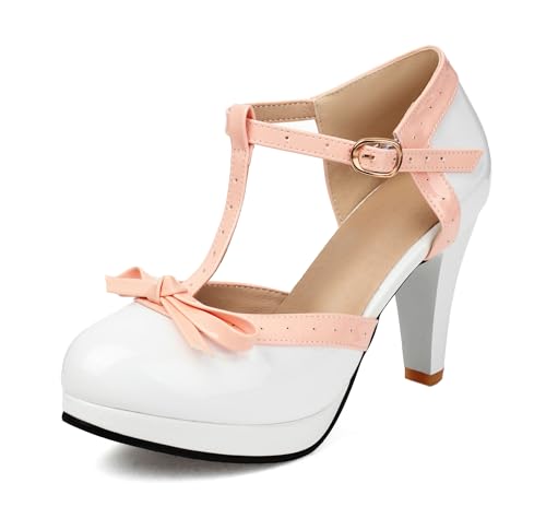 Image of ForeMode Fashion Women T-Strap High Heels Bow Platform Round Toe Pumps Leather Summer Sweet Shoes