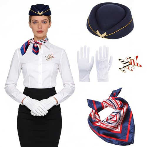Stewardess Kostüm Zubehör,4 Stück Frauen Flugbegleiterin Kostüm Zubehör,Stewardess Kostümzubehör Set,Flugbegleiterkostüm für Frauen,Cosplay...