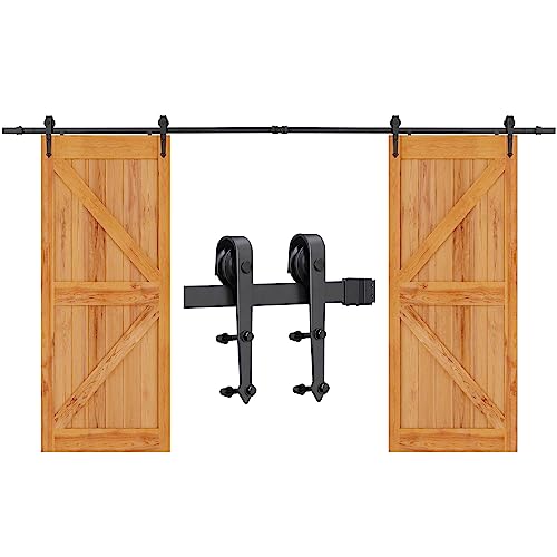 Yaheetech 12Ft Heavy Duty Sturdy Sliding Barn Door Hardware Kit Double Doors Track System - Smoothly and Quietly - Easy to Install - Fit 36'' Wide for Each Door Panel Black,Arrow J Shape Roller