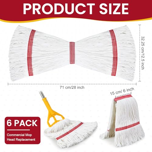 Image of Eccliy 6 Pack Commercial Mop Heads Replacement Heavy Duty 18 oz Loop End Cotton String Wet Mop Refills Washable Absorbent Reusable for Industrial Home Tile Wood Concrete Floor (White,Red)