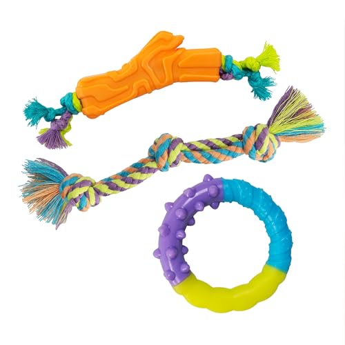 Image of Orka Puppy 3 Pack Dental Chew Toys, Multi-Textured, Tug Rope & Fetch, Teething Puppies & Small Dogs, 10.5 inch