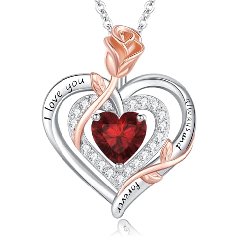 LAVUMO Collar Mujer Auténtica Plata 925/Latón Doble Corazón Rosa Flor Mujer Collares Piedra Natal Día de la Madre Cumpleaños San Valentín Navidad Joyas Regalos para Mujer Mamá Novia