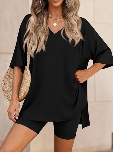 PRETTYGARDEN 2 Piece Sets for Women Summer 2026 Lounge Short Set Spring Matching Biker Shorts V Neck Oversized Shirt Clothing (Black,Large)