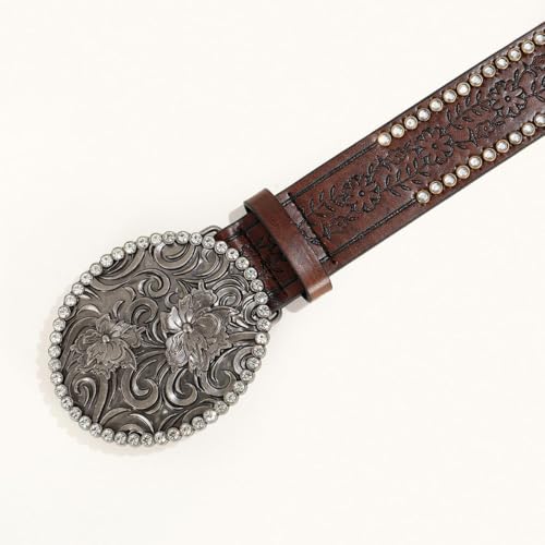 Image of Western-Leather-Belts-Women Vintage Waist-Belts with Hollow Out Flower