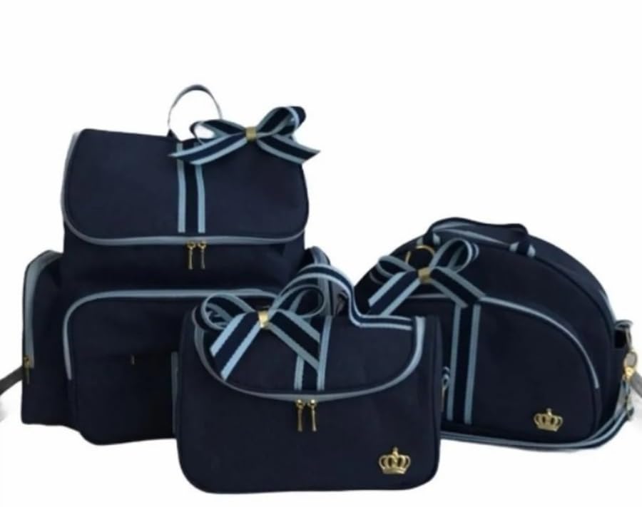 Kit Bolsa Maternidade e Mochila Azul Luxo 3 Bolsas Laço Azul Linho