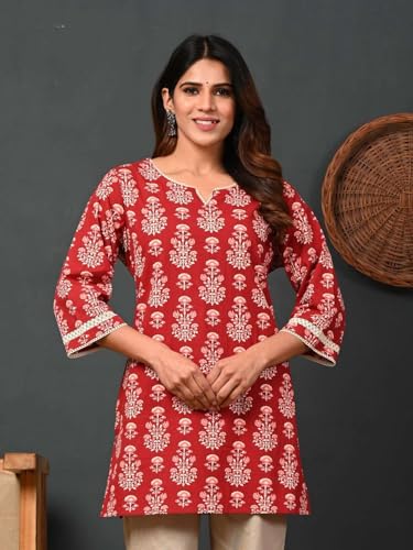 Image of Rimeline Women's Floral Printed Cotton Kurti Top | Round Notch Neck 3 /4 Sleeve Straight Fit Casual Tunic