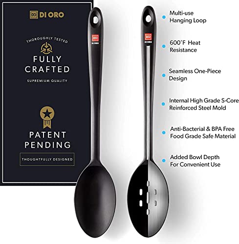 Di Oro 11-Piece Silicone Kitchen Utensil Set - 600°F Heat-Resistant Nonstick Turners, Spoons, Spatulas, Ladles & Stainless Steel Tongs - Nonstick Cookware Safe Tools For Baking & Cooking (Black) #TOP2