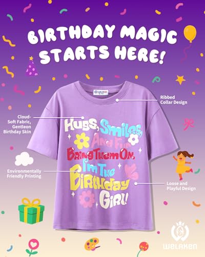 Image of WELAKEN Girls Soft T-Shirt with Curved Hem, Breathable Stretchy Rayon Crewneck Short Sleeve Tees, Kids Everyday Basic Top