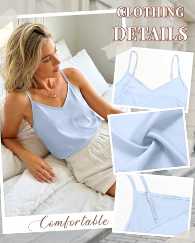 Image of 3 Pack Women's Silk Satin Camisoles V Neck Tank Tops | 95% Polyester, 5% Spandex, Adjustable Spaghetti Strap, Loose Blouse, Daily Wear, Sleeveless, Classic V Neck