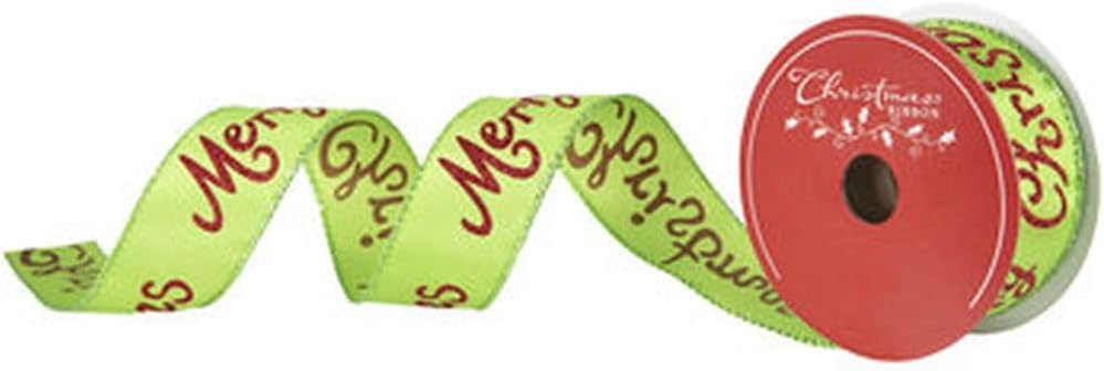 Lime & Red Merry Christmas Glitter Wired Edge Ribbon - 1.5 Inch x 30 Feet