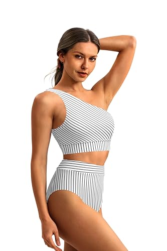 Image of Holipick Black Stripes Women One Shoulder High Waisted Bikini Sets Two Piece Swimsuit Tummy Control Bathing Suit Full Coverage Swimwear L