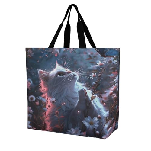 Women's Multi-Functional Shopping Bag，White Cat in Flowers Printing Messenger Bag Shoulder Bag for Travel, Work, Shopping & Parties with Inner Pocket, Grocery Bag Lightweight & Water-Resistant
