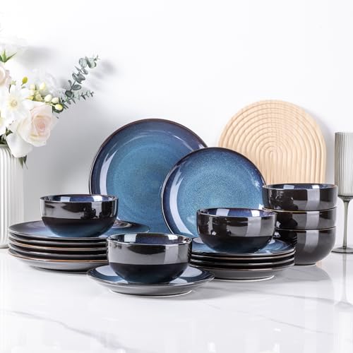 Image of LeRatio Ceramic Dinnerware Sets for 6,Plates and Bowls Sets,Handmade Reactive Glaze Dishes Set,Chip Resistant and Scratch Resistant | Oven&Dishwasher & Microwave Safe-Blue(18PCS)