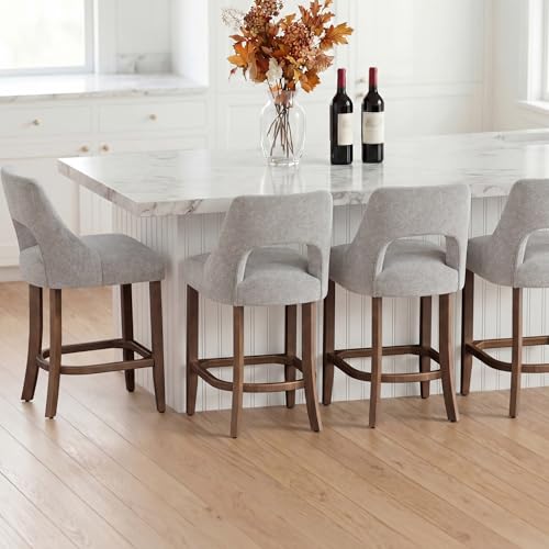 Image of UVV Bar Stools Set of 3, Upholstered Counter Height Bar Stools, Modern Counter Stools with Wood Legs for Kitchen Island Dining Room Bar, Light Grey
