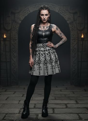 Pale Raven Official Women's Skater Skirt, Large, Grey, 95% Polyester 5% Spandex, Casual, Sun and Moon Hand Sketched Pattern, 15.24 Inch Length3