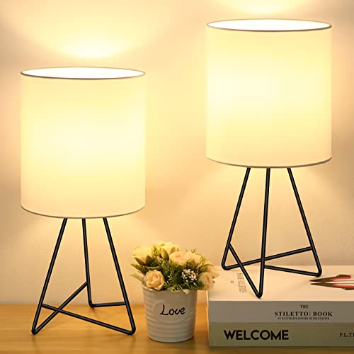 Beslowe Small Nightstand Lamps, Set Of 2 Table Lamps, Modern Bedside Lamps With Black Metal Base, White Fabric Shade And On/Off Switch, Simple Desk Lamp For Kids Bedroom Living Room Office Reading #TOP10