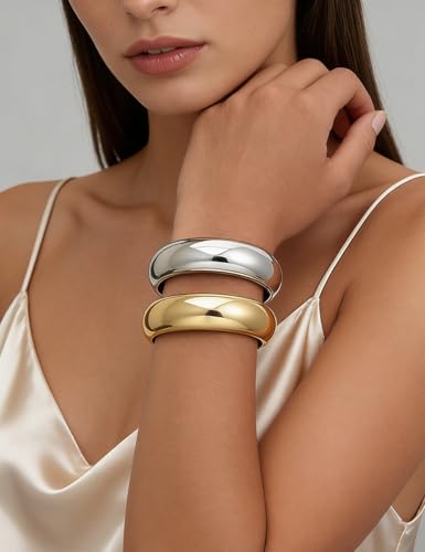 Image of Chunky Gold Bangle Bracelets for Women, Dainty 14k Gold Plated Big Stackable Bangles Set, Trendy Statement Cuff Bracelet Stack Fashion Jewelry Gifts