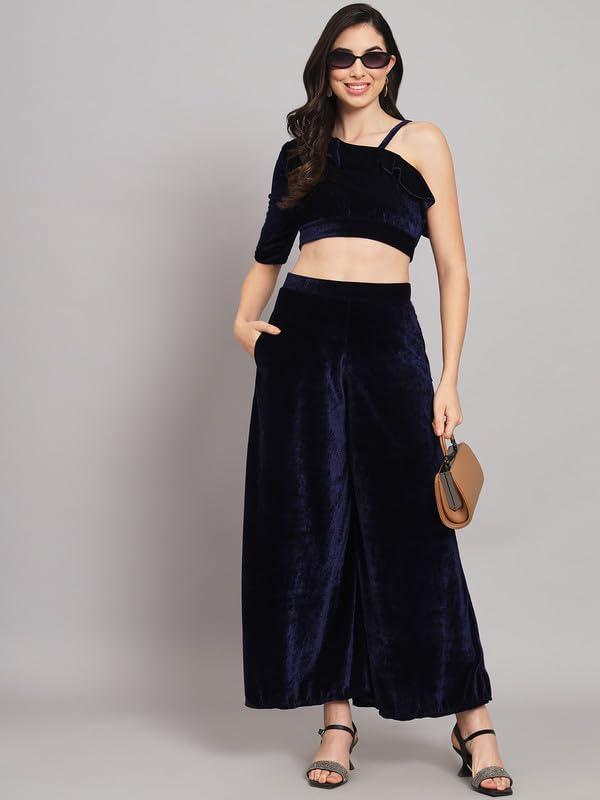 Image of Vaararo Velvet Co-Ords for Women | One Sleeve Crop Top with Palazzo Set Casual Party Dress