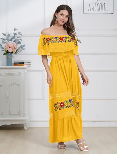 Image of ABEHIK Mexican Dress for Women Traditional Off Shoulder Embroidered Present Casual Lace Long Maxi Dress Cinco de Mayo Outfit
