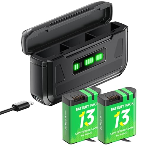 Palogreen 2Pcs Hero 13 Baterías de 2400 mAh y Cargador de batería para Go Pro Hero 13 Black   3 Ranura Individual Cargador con Pantalla LED, Ranura para Tarjeta TF