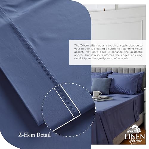 Image of Linen Home 100% Cotton Percale Sheets Full Size, Dark Blue, Deep Pocket, 4 Pieces Set - 1 Flat, 1 Deep Pocket Fitted Sheet and 2 Pillowcases, Crisp Cool and Strong Bed Linen