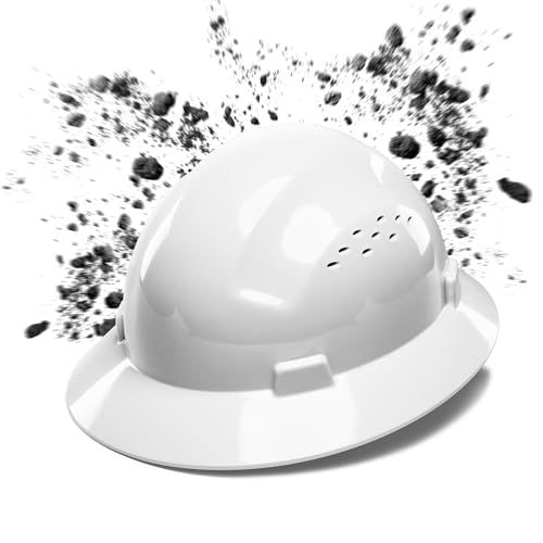 COOLJOB Full Brim Hard Hat, OSHA Construction Work Approved, HDPE Safety Helmet with 4 Point Adjustable Ratchet Suspension, Class E, G & C, White