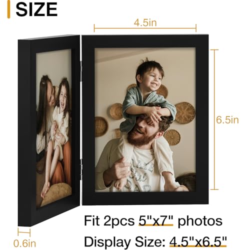 decorUhome Double 5x7 Picture Frame Vertical, Engineered Wood Bifold Photo Frame with Plexiglass for Tabletop Display, 5x7, Black