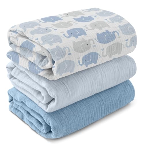 Image of Muslin Swaddle Blankets for Newborn, 3-Pack Cotton Receiving Blankets, Large 40 x 38 inches, Baby Blankets for Boys and Girls, Wrap Burp Cloths, Registry Essentials, Shower Gifts, Elephant & Blue