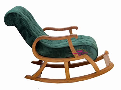 Image of CRAFTCITY Rocking Chair |Sheesham Wood Elegant Rocking Chair with Pillow and Matching Foot Stool and Pre assembeled (Peacock Green)