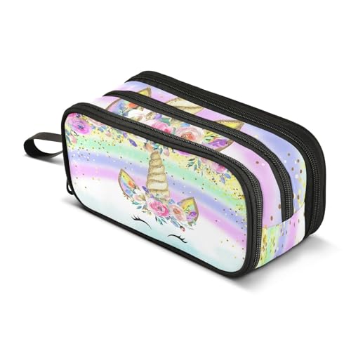 Image of Unicorn Rainbow Flower Pencil Case Box Boys Girls Large Pencil Pouch with Zipper Compartments Big Capacity Stationery Pen Bag Organizer for Kids Teens Adults School