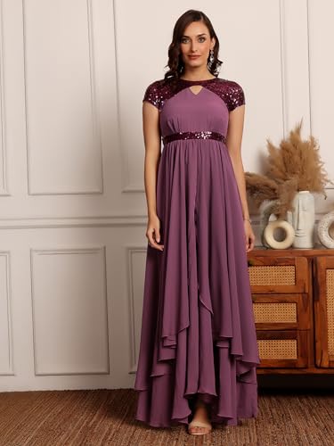 Image of Miss Chase Women's Round Neck Sleeve Embellished Fit Flare Maxi Dress