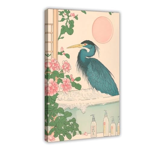 Ukiyoe héron baignoire poster japonais pour un bureau zen et décoration de chambre