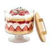 Piszvbej Trifle Bowl With Pedestal And Lid, Crystal Clear Glass, Wood Lid With Convenient Handle And Sealing Ring, For Laying Layered Dessert, Ice Cream And Cake, Ideal For Party Displays