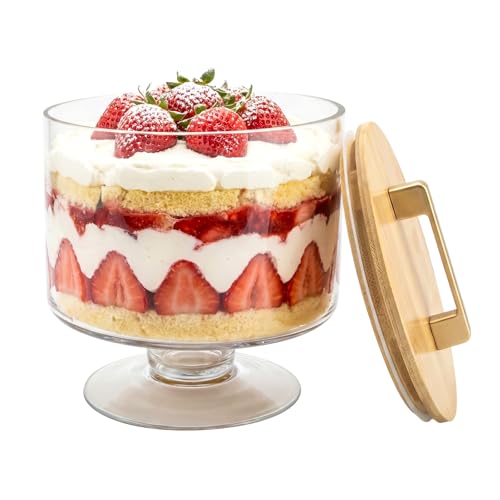 Piszvbej Trifle Bowl with Pedestal and Lid 70oz - Crystal Clear Glass Wood Lid with Convenient Handle and Sealing Ring for Laying Layered Dessert Ice Cream and Cake Ideal for Party Displays