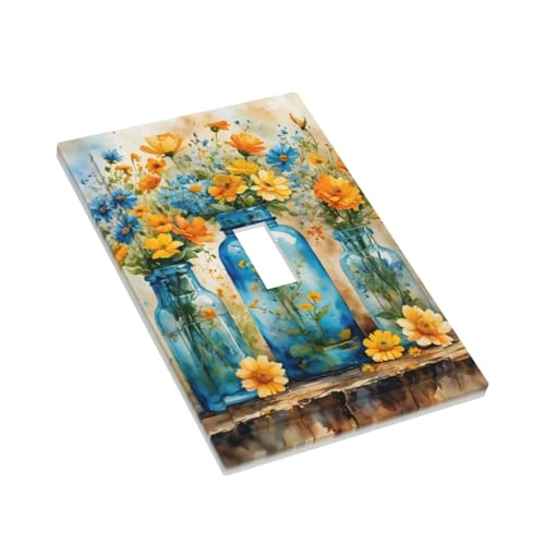 Decorative Switch Covers Plate Rustic Yellow Flowers Floral Blue Bottles 1 Gang Wall Plate Oversized Single Toggle Wall Cover Plate Jumbo Electrical Light Switch Plate Faceplate
