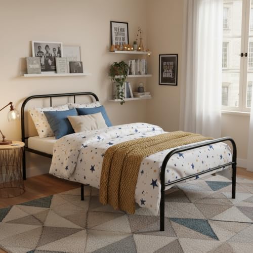 FurnitureR Cadre de Lit en Métal Noir, Structure de Literie Simple avec Sommier à Lattes, pour Chambre Adulte, Design Moderne avec Tête et Pied de Lit...