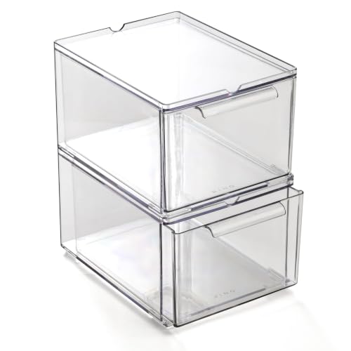 BINO | Clear Stackable Storage Drawers, Medium - 2 Pack | Clear Storage Drawers with Built-In Handles | Durable Plastic Organizer Drawer | Modular Stackable Drawer Acrylic Organizer