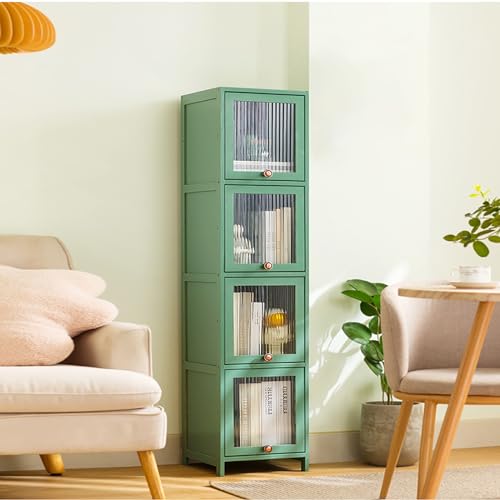 Narrow Bookcase Storage Shelf Floor Bookshelf & Small Storage Cabinet for Living Room Lockers with Door Acrylic Flip Door 30x32x139cm Green Home Organizer