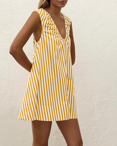 Image of Women Summer Sleeveless Babydoll Mini Dress Scoop Neck Loose Fit Tank Dresses Party Ruched Short Dress with Pockets