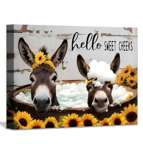 Donkey Wall Art Canvas Prints Kid's Bathroom Farmhouse Wall Decor,Funny Animal Framed Art Posters Restroom Sunflower Artwork Kid's Bathroom Decorations 12"x16"